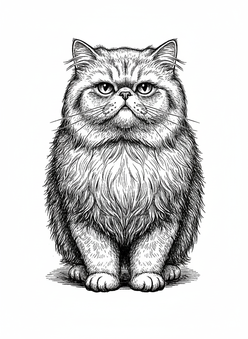 Grumpy the Aloof Persian - Black & White Illustration