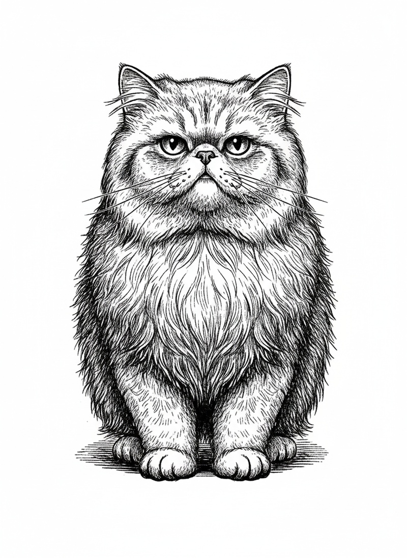 Grumpy the Aloof Persian in Victorian Illustration - Black & White Illustration