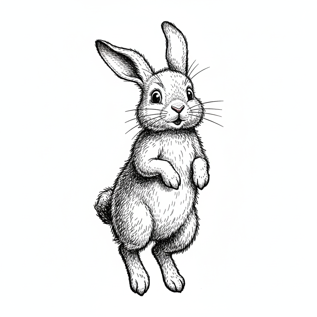 Rusty the Energetic Rabbit - Black & White Illustration