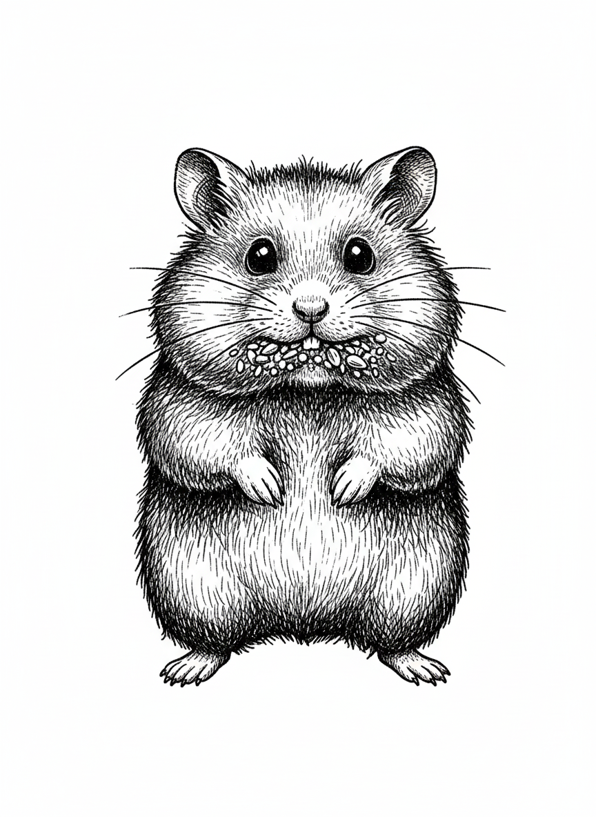Nibbles the Shy Hamster - Black & White Illustration
