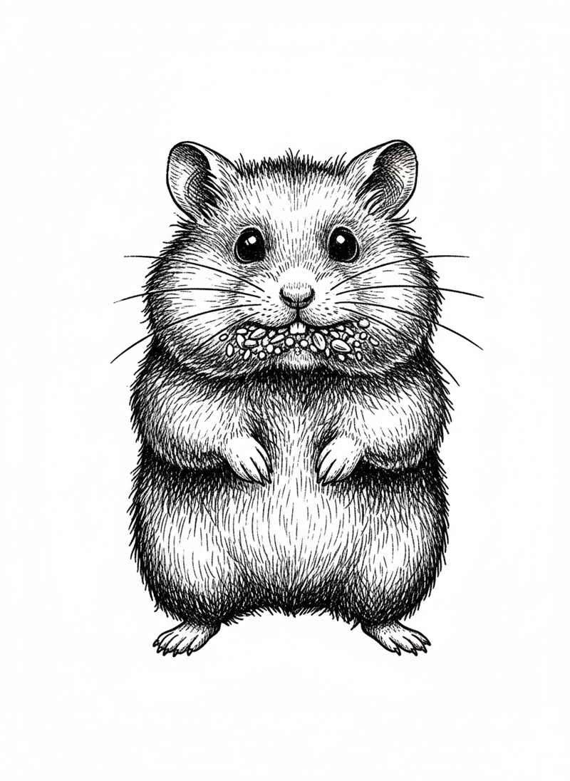 Nibbles the Shy Hamster in Victorian Illustration - Black & White Illustration