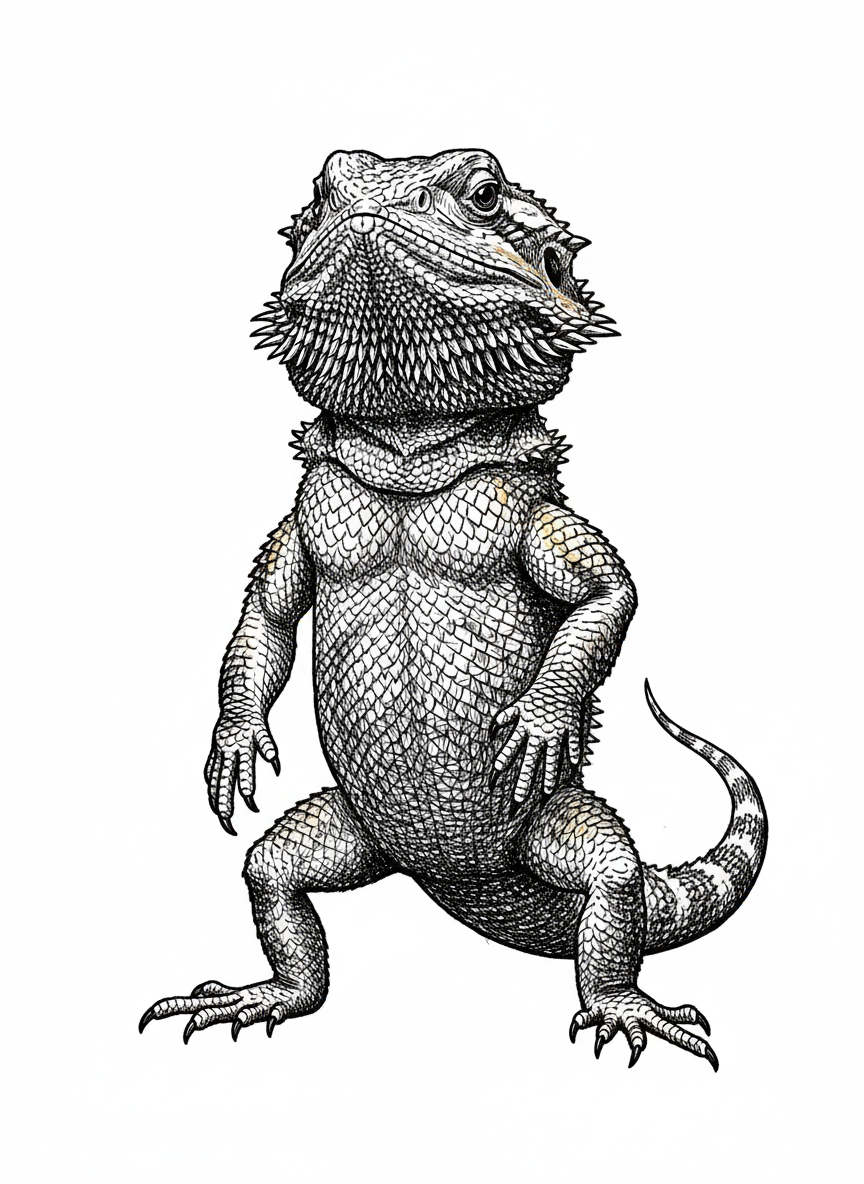 Rex the Bearded Dragon - Black & White Illustration