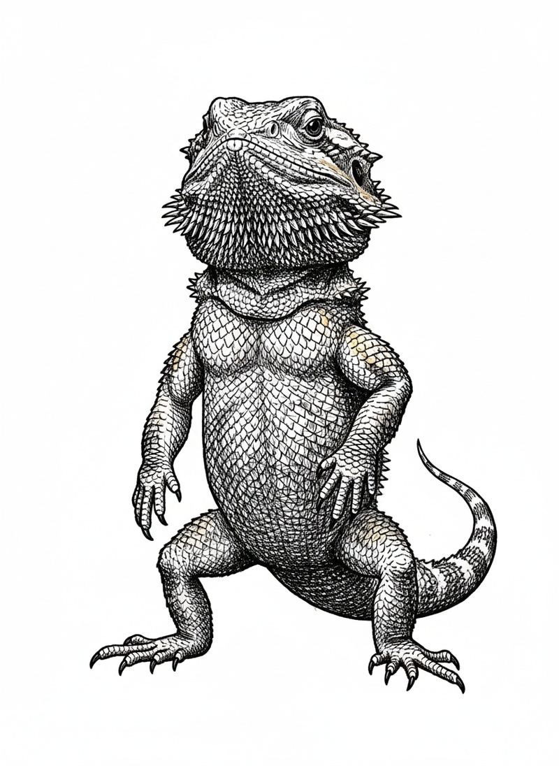 Rex the Bearded Dragon in Victorian Illustration - Black & White Illustration