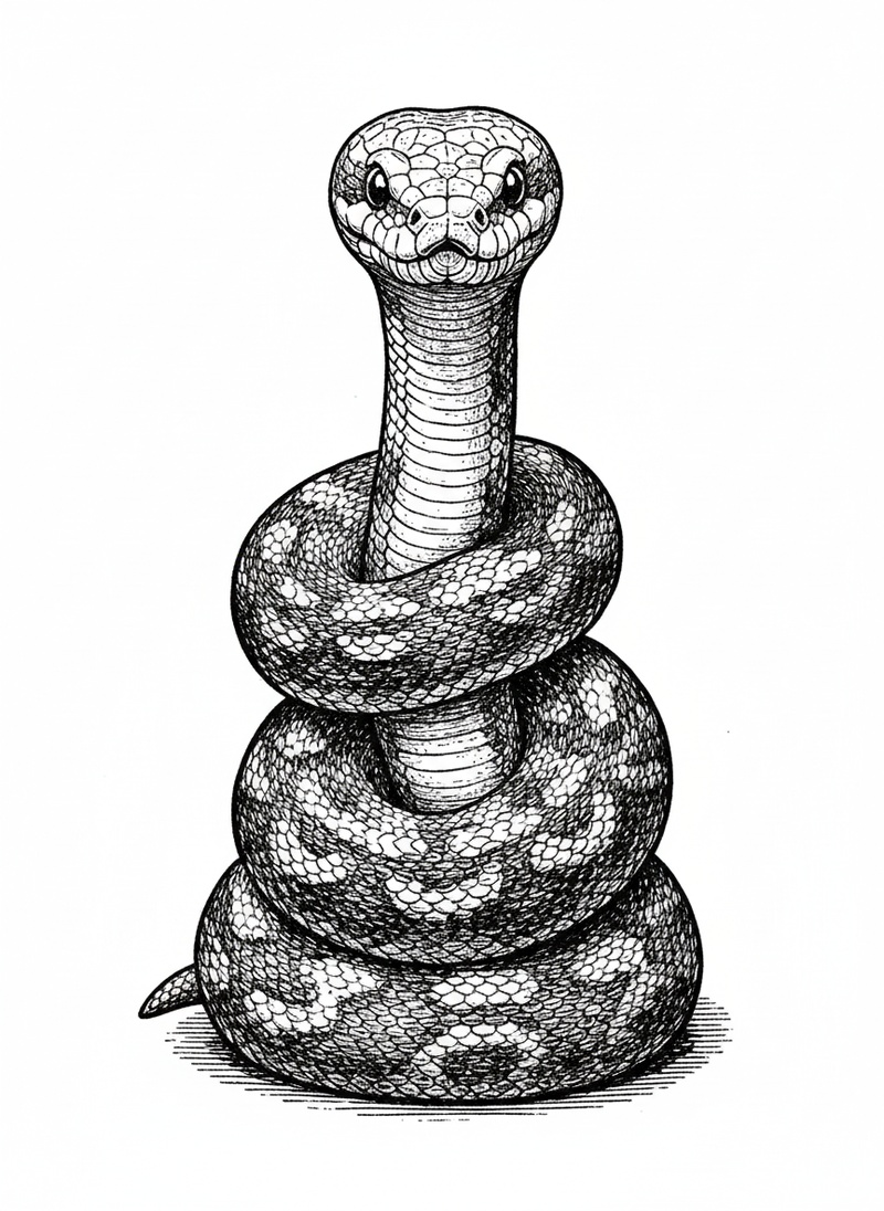 Scales the Ball Python in Victorian Illustration - Black & White Illustration