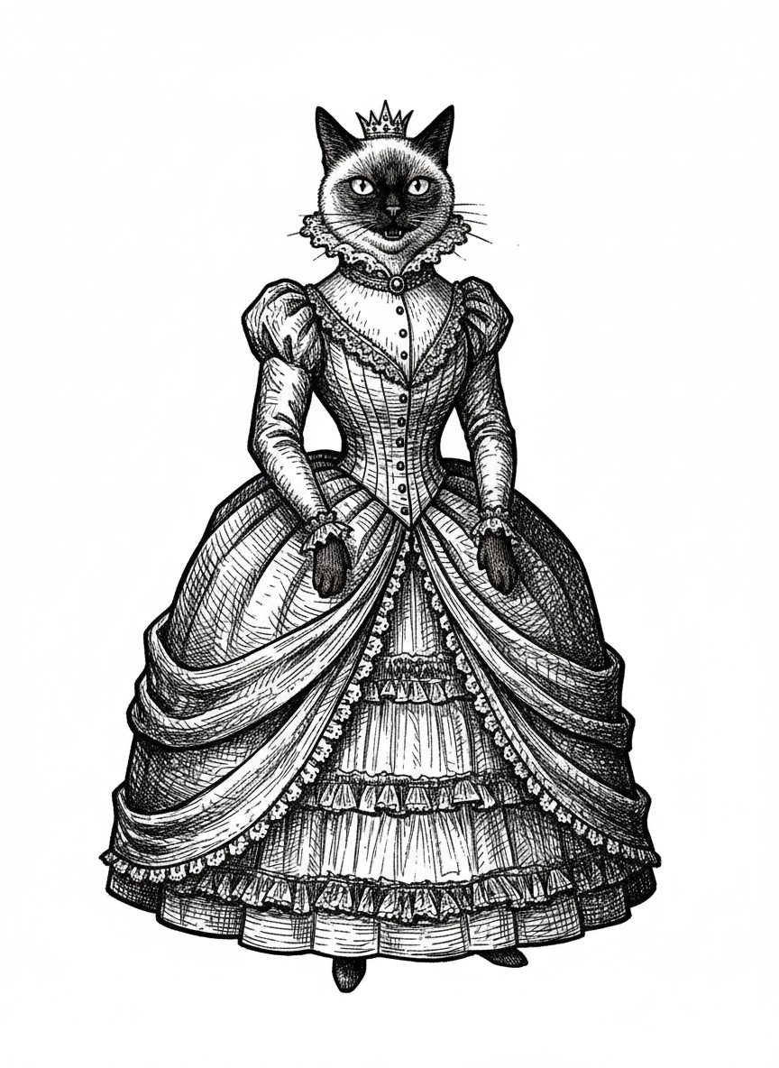 Cleo the Regal Siamese - Black & White Illustration