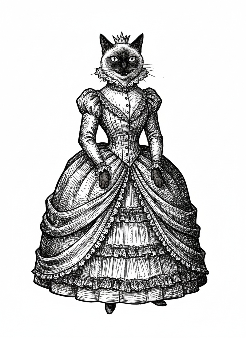 Cleo the Regal Siamese in Victorian Illustration - Black & White Illustration