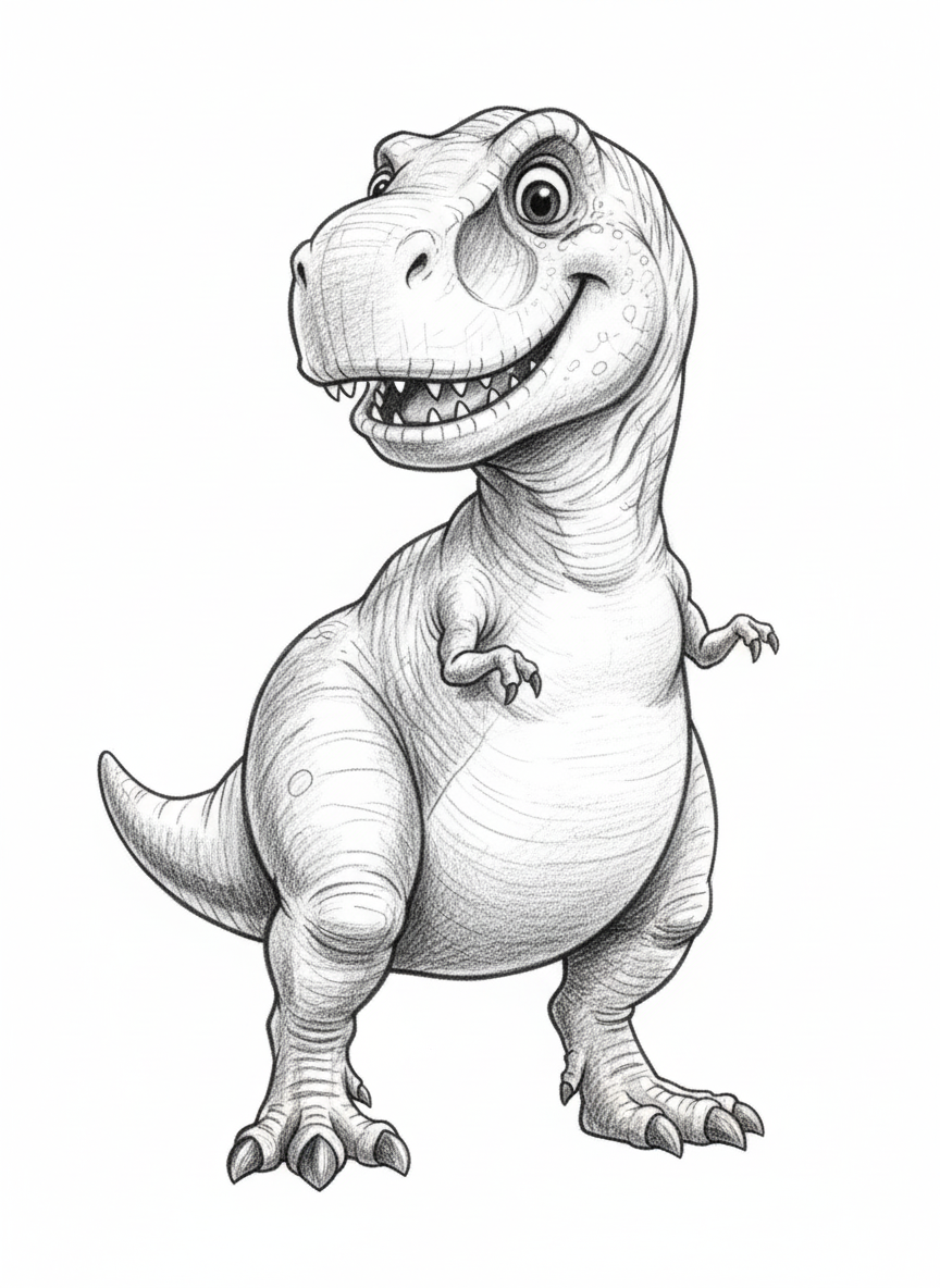 Dexter the Friendly Dinosaur - Black & White Illustration