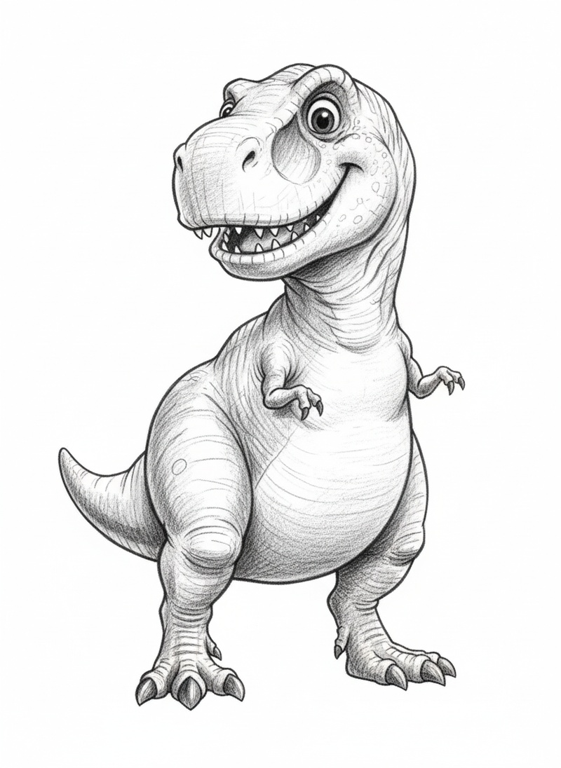 Dexter the Friendly Dinosaur in Gentle Pencil - Black & White Illustration