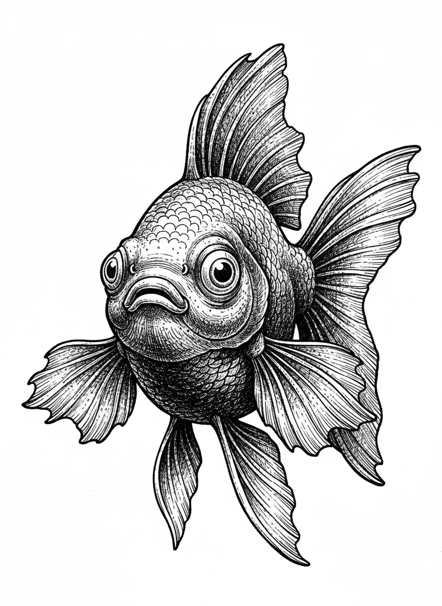 Bubbles the Fancy Goldfish - Black & White Illustration