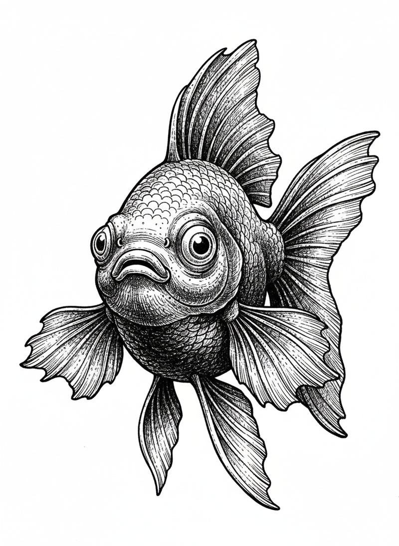 Bubbles the Fancy Goldfish in Victorian Illustration - Black & White Illustration