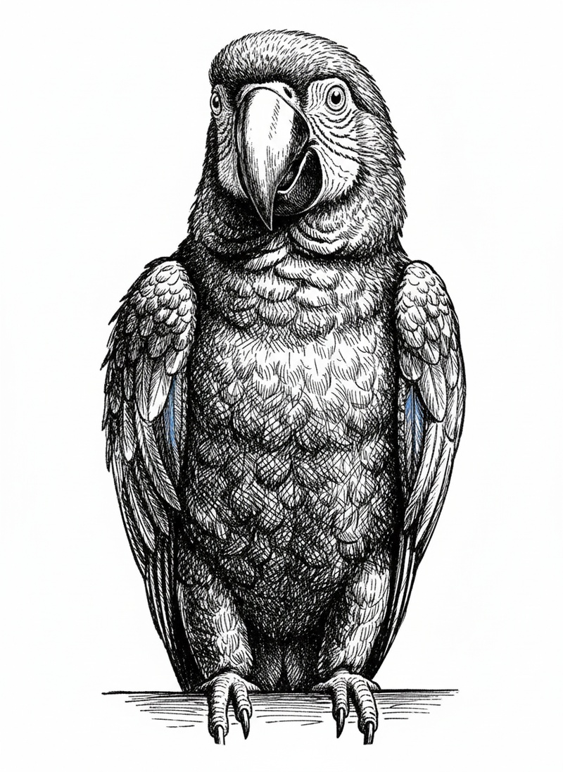 Captain the Chatty Parrot in Victorian Illustration - Black & White Illustration