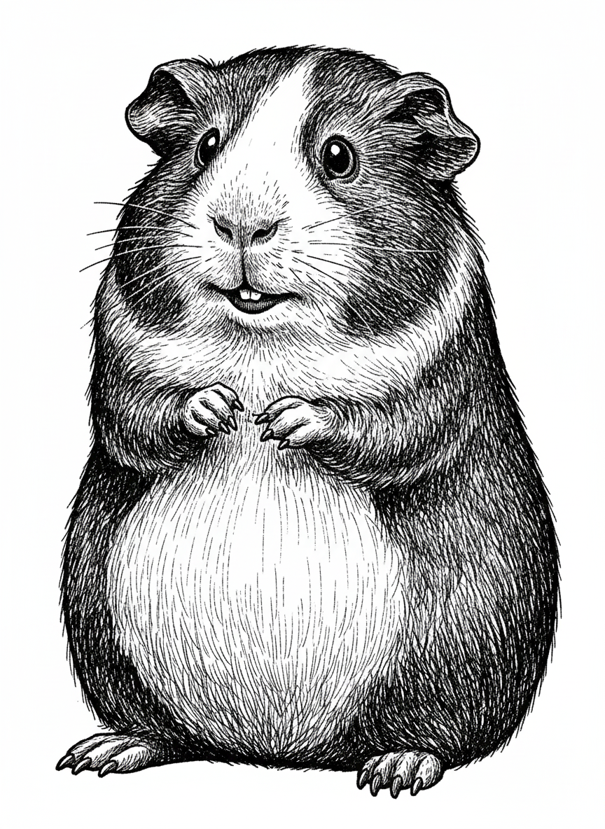 Chomper the Guinea Pig - Black & White Illustration