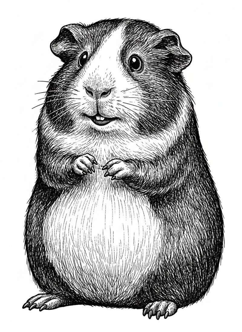 Chomper the Guinea Pig in Victorian Illustration - Black & White Illustration