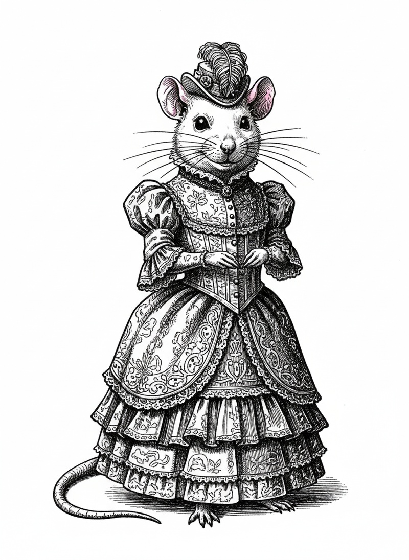 Duchess the Fancy Rat in Victorian Illustration - Black & White Illustration