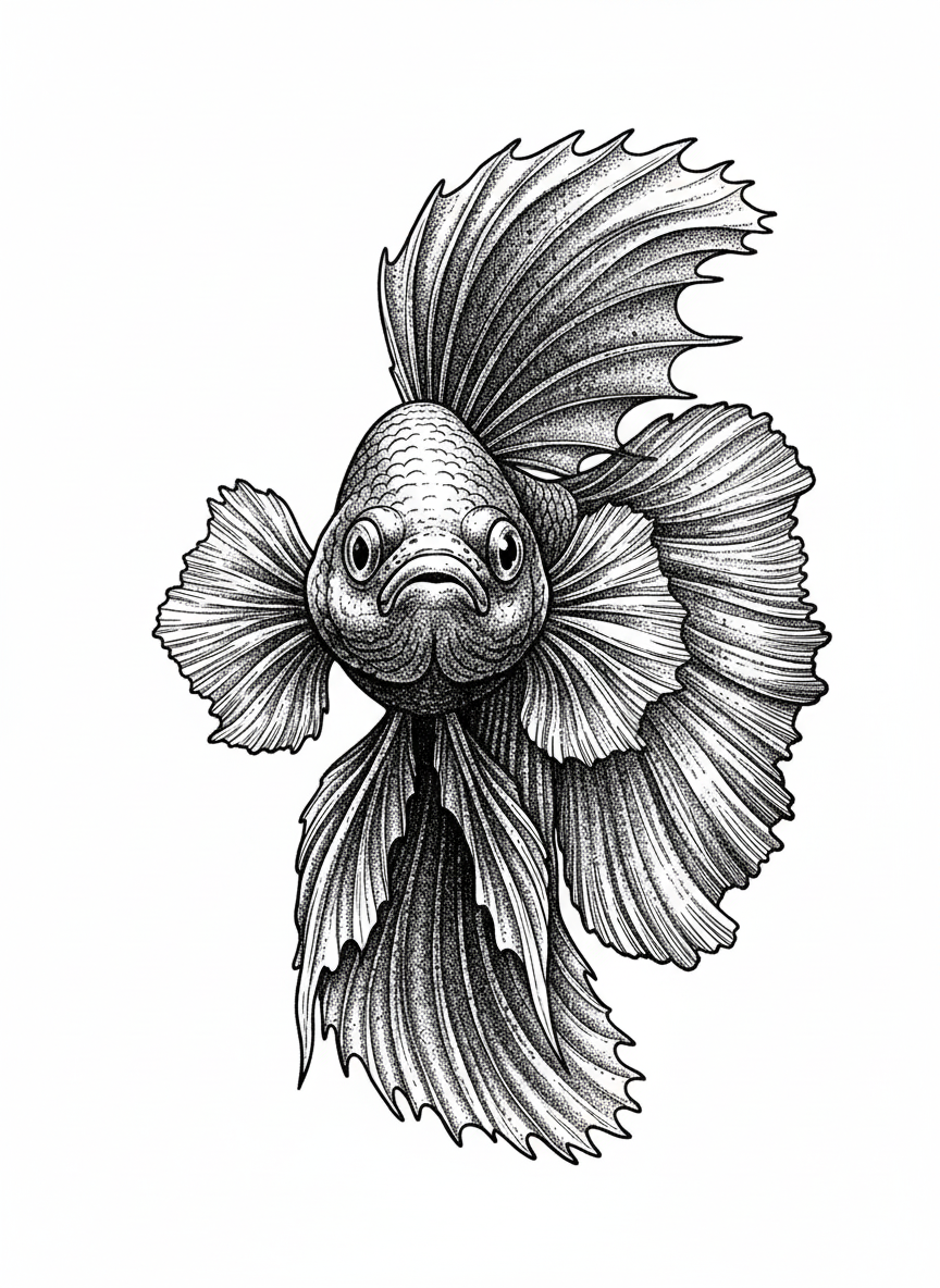 Azul the Colorful Betta Fish - Black & White Illustration