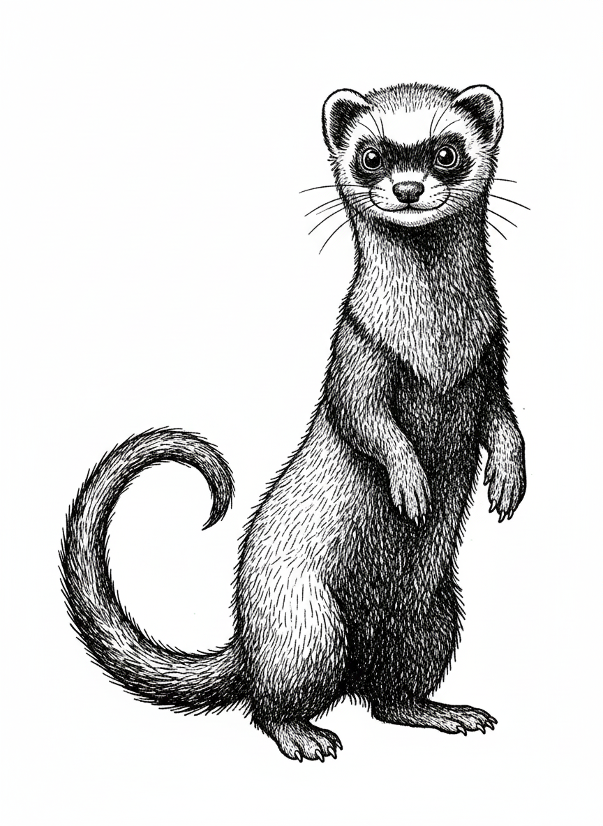 Stripes the Playful Ferret - Black & White Illustration