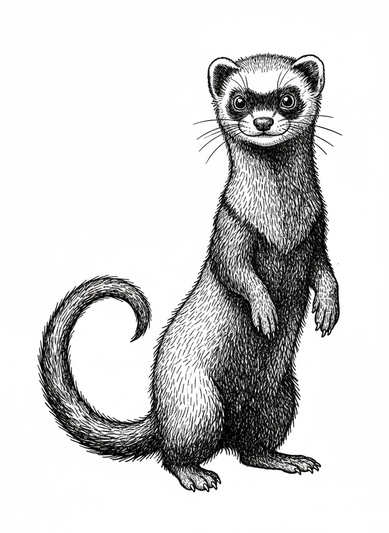 Stripes the Playful Ferret in Victorian Illustration - Black & White Illustration