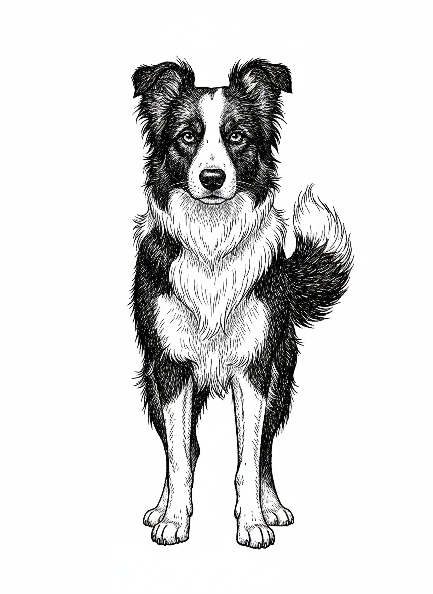 Gizmo the Smart Border Collie - Black & White Illustration