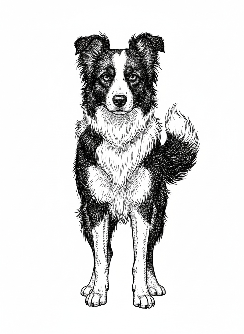 Gizmo the Smart Border Collie in Victorian Illustration - Black & White Illustration