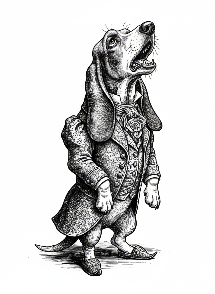 Noodle the Lazy Basset Hound - Black & White Illustration