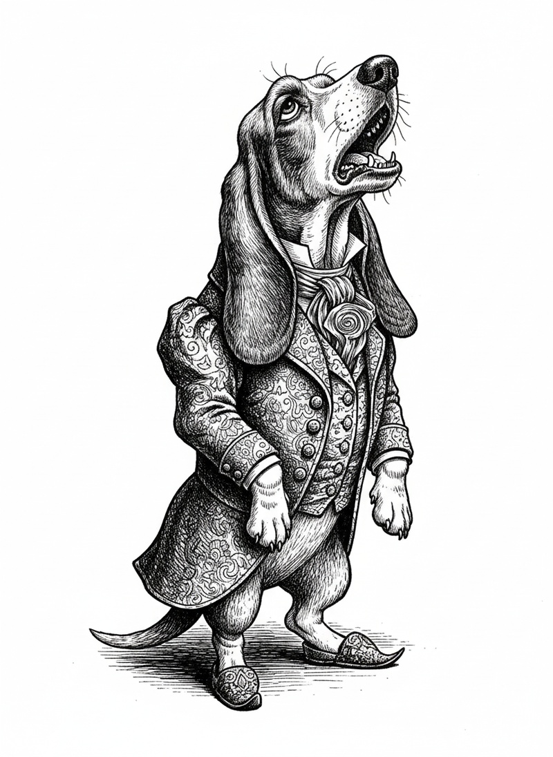 Noodle the Lazy Basset Hound in Victorian Illustration - Black & White Illustration