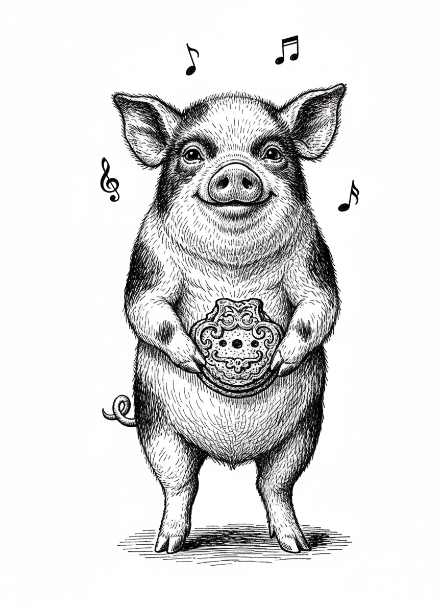Pepper the Miniature Pig - Black & White Illustration