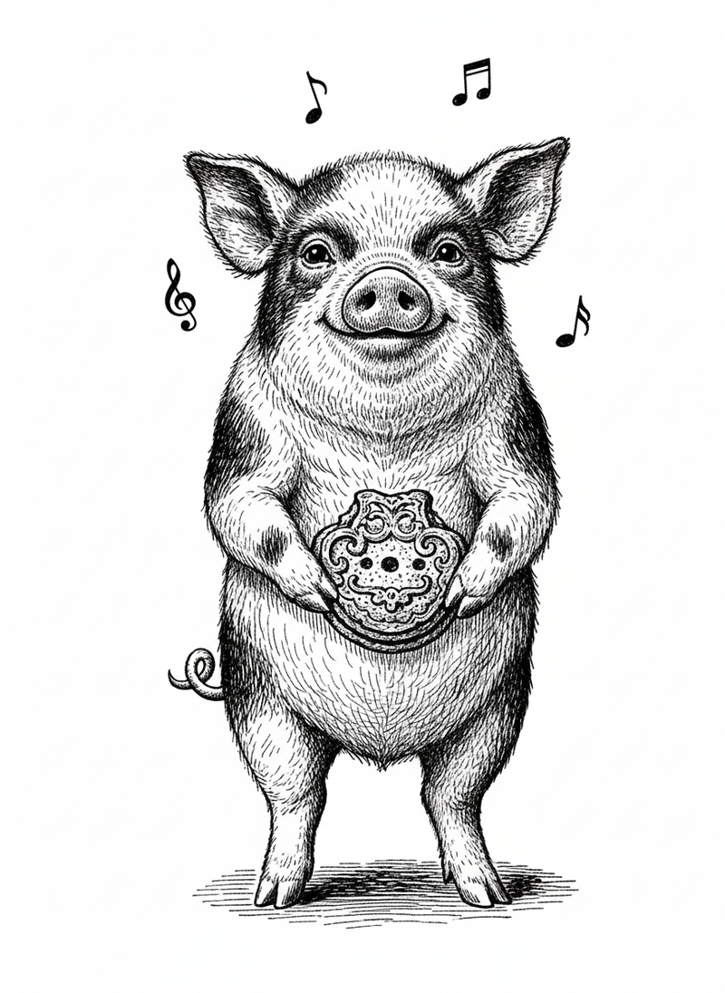 Pepper the Miniature Pig in Victorian Illustration - Black & White Illustration