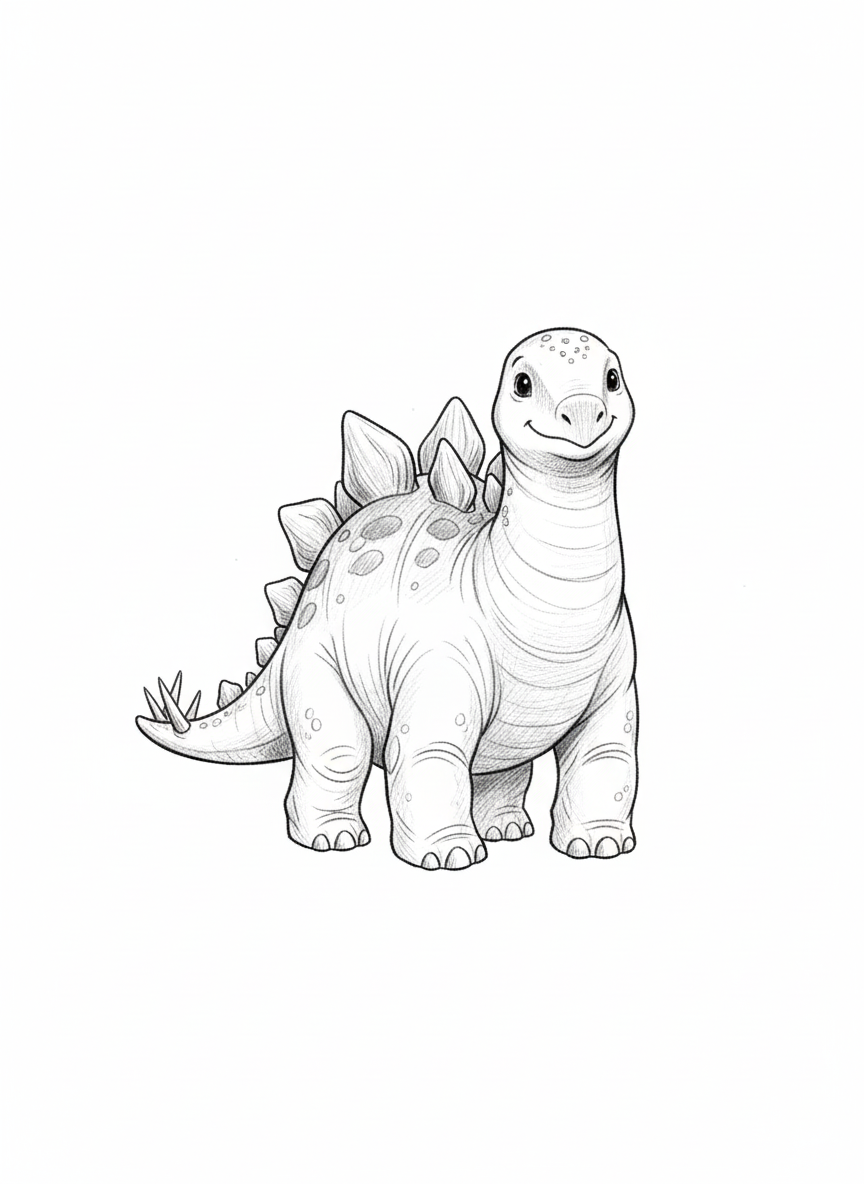 Spike the Stegosaurus - Black & White Illustration