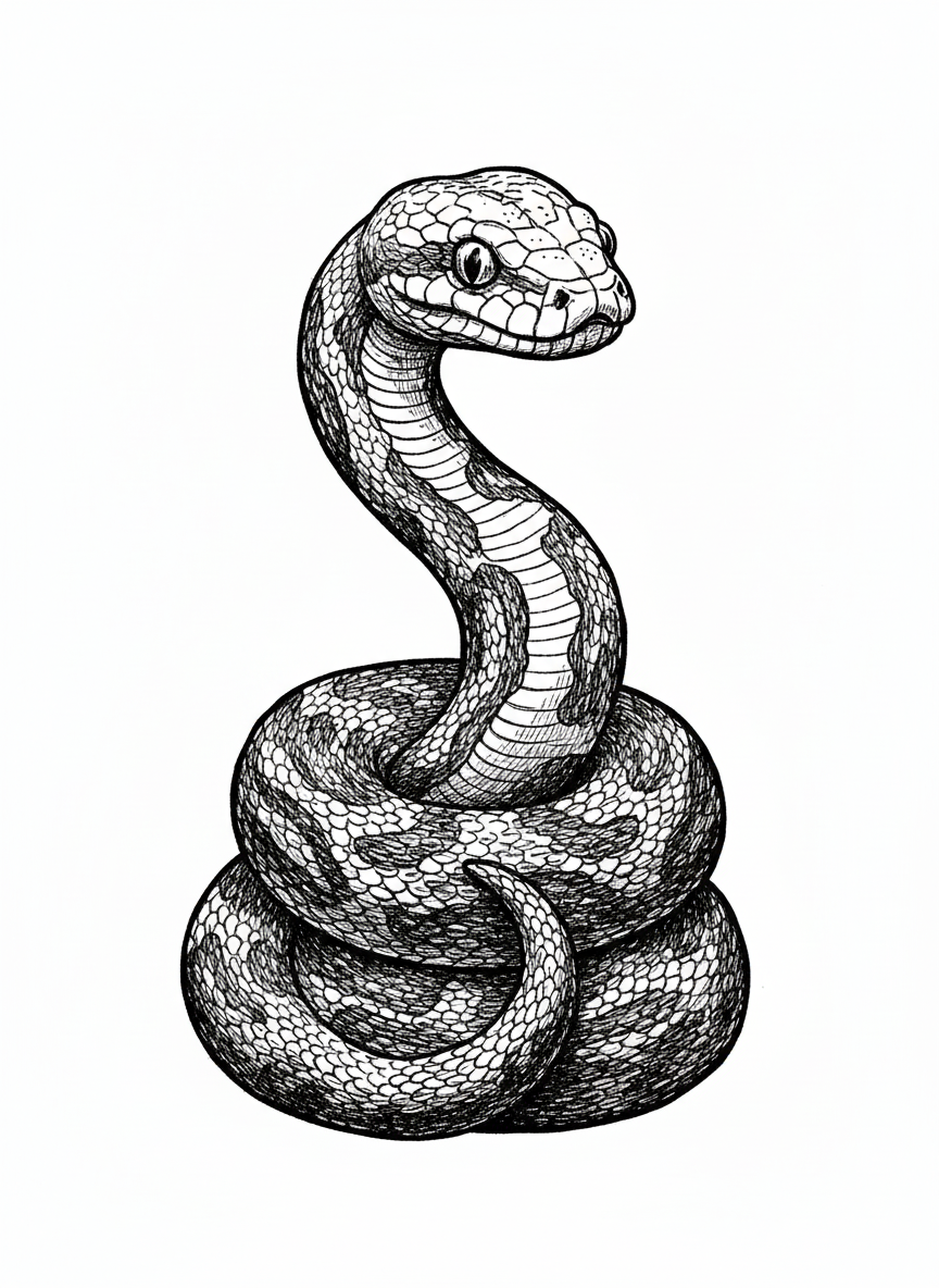 Marble the Ball Python - Black & White Illustration