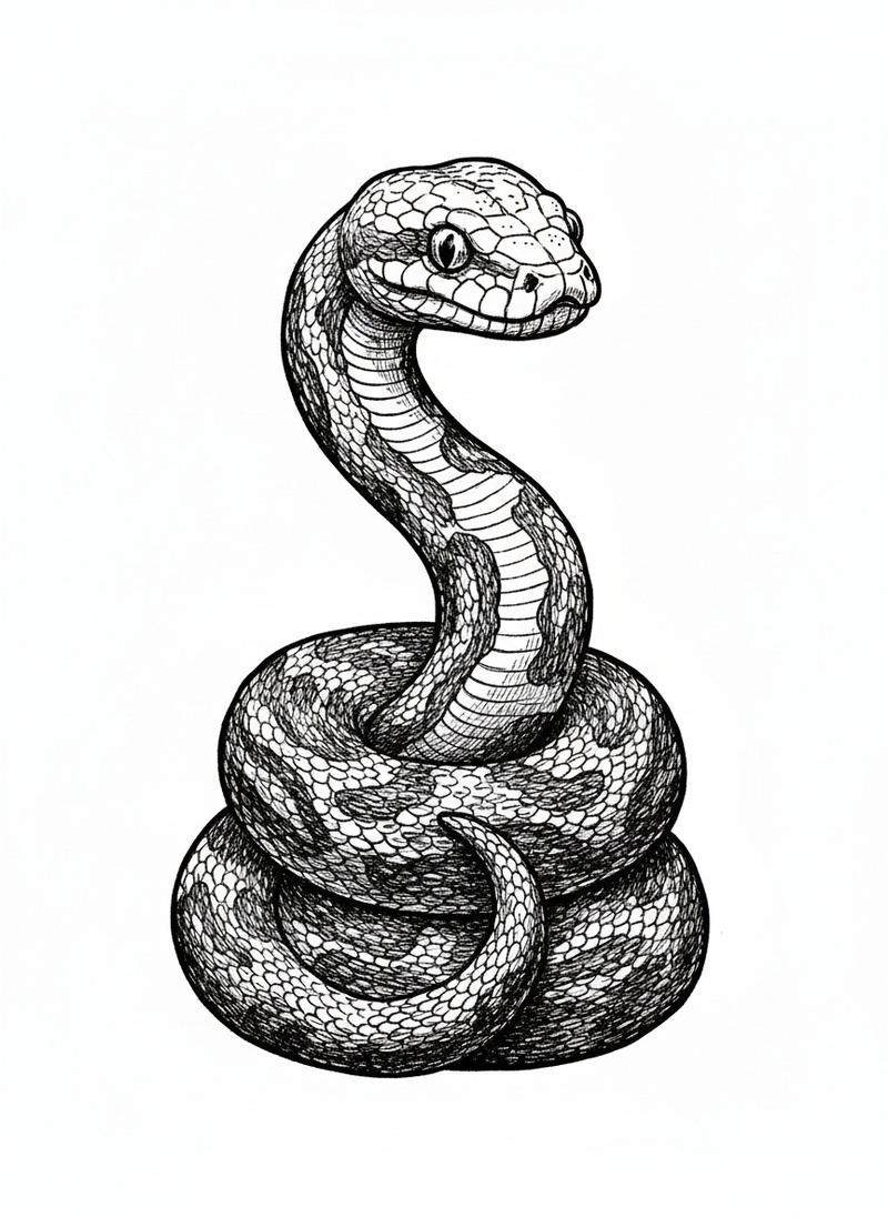Marble the Ball Python in Victorian Illustration - Black & White Illustration