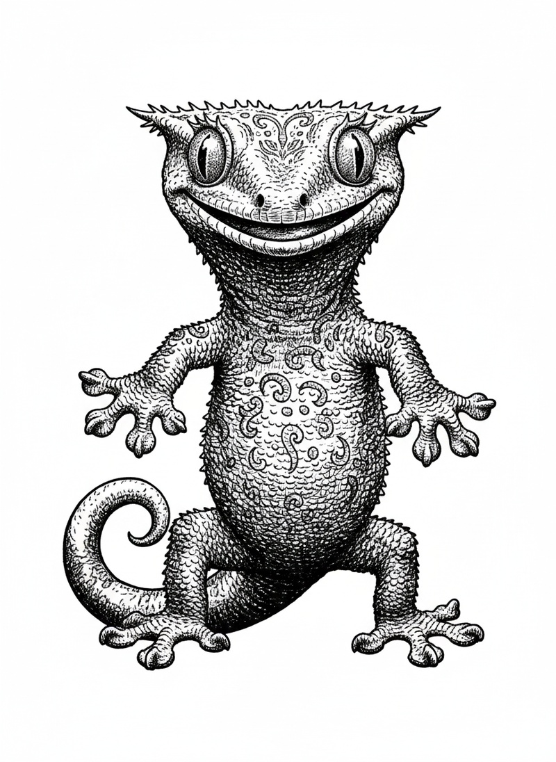 Jasper the Crested Gecko in Victorian Illustration - Black & White Illustration