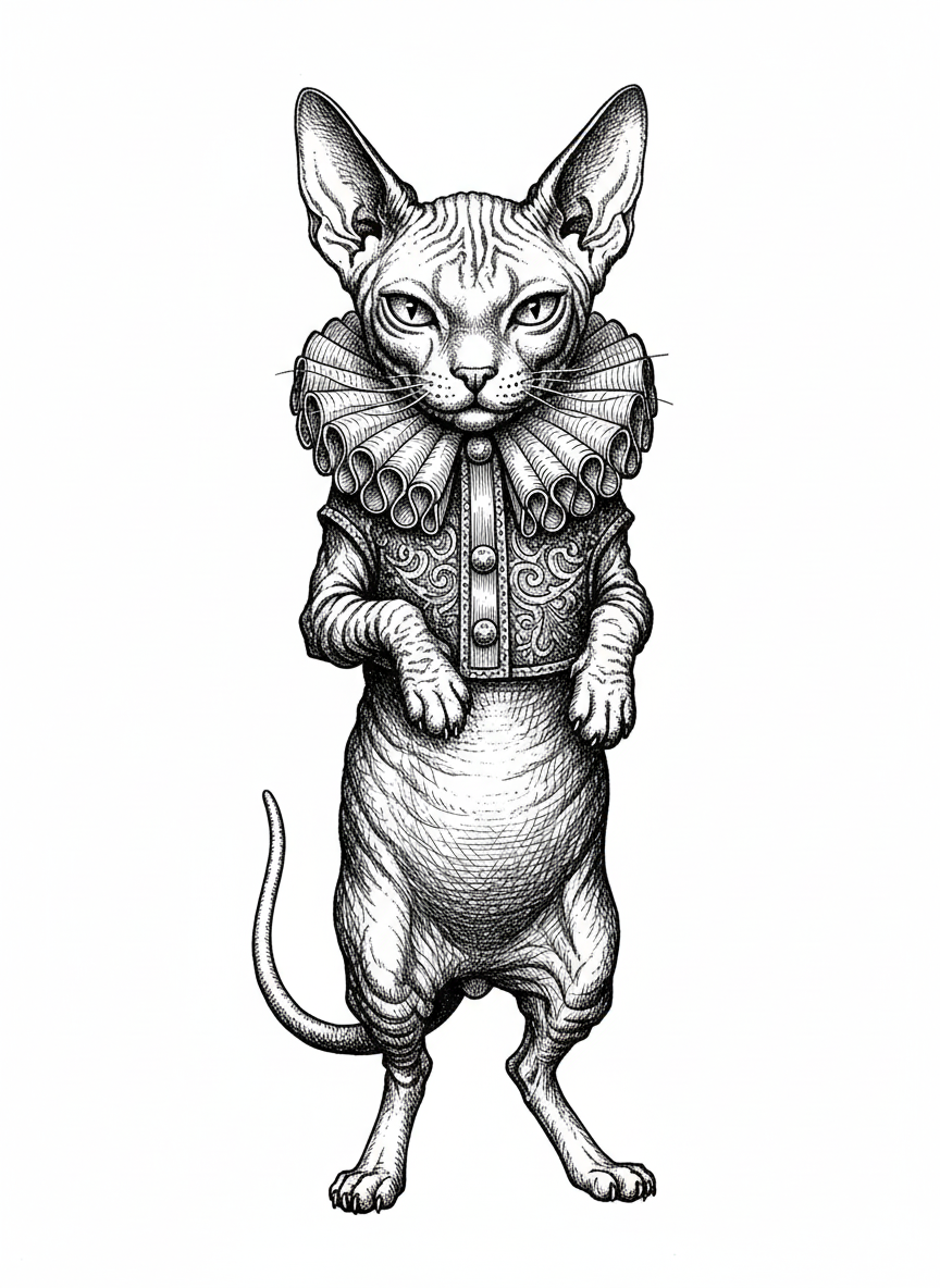 Jinx the Mischievous Sphinx Cat - Black & White Illustration