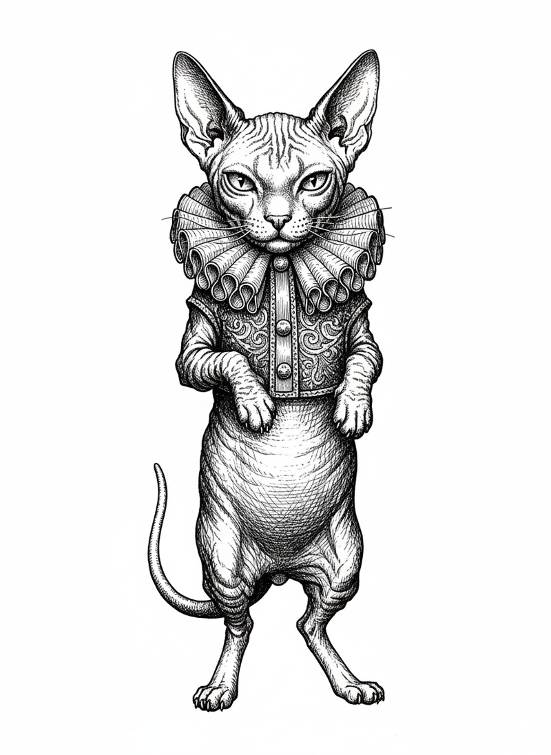 Jinx the Mischievous Sphinx Cat in Victorian Illustration - Black & White Illustration