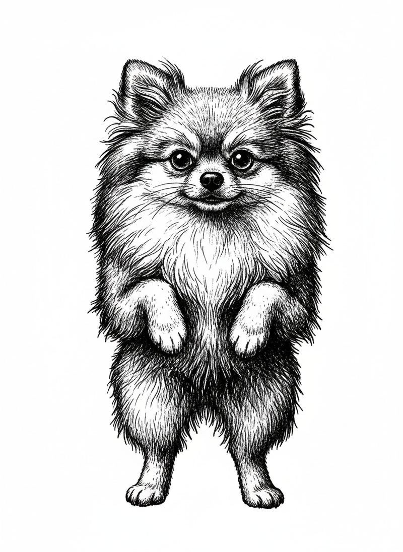 Honey the Sweet Pomeranian in Victorian Illustration - Black & White Illustration