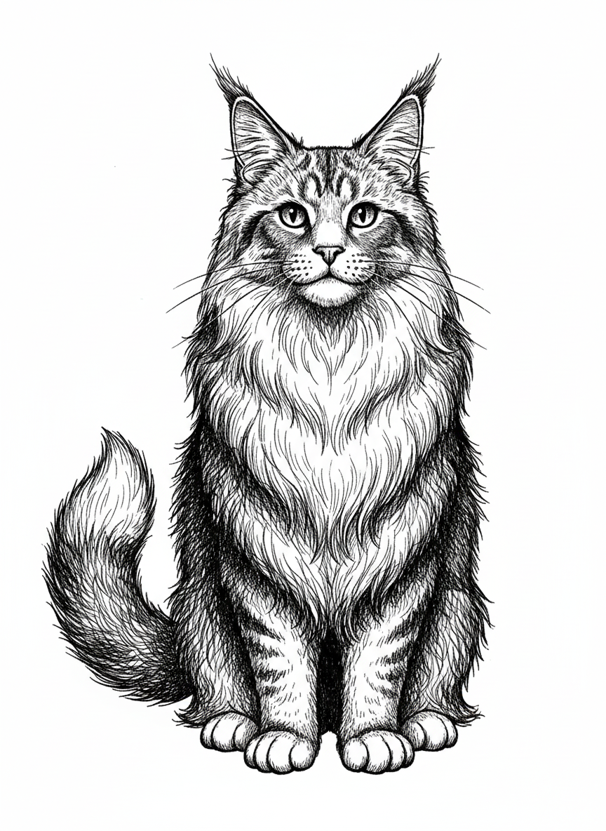 Zeus the Maine Coon - Black & White Illustration
