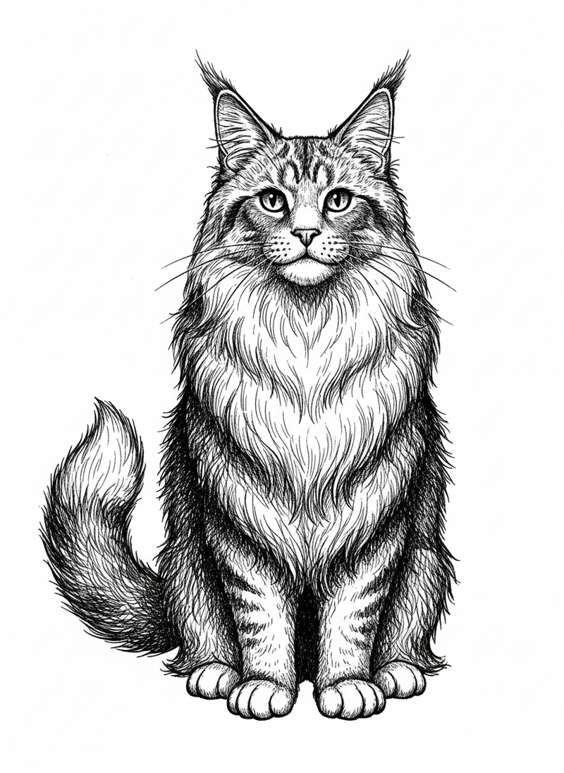 Zeus the Maine Coon in Victorian Illustration - Black & White Illustration