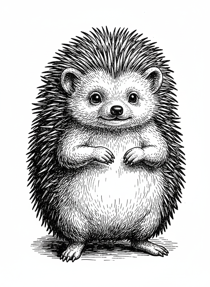 Buttons the Hedgehog - Black & White Illustration