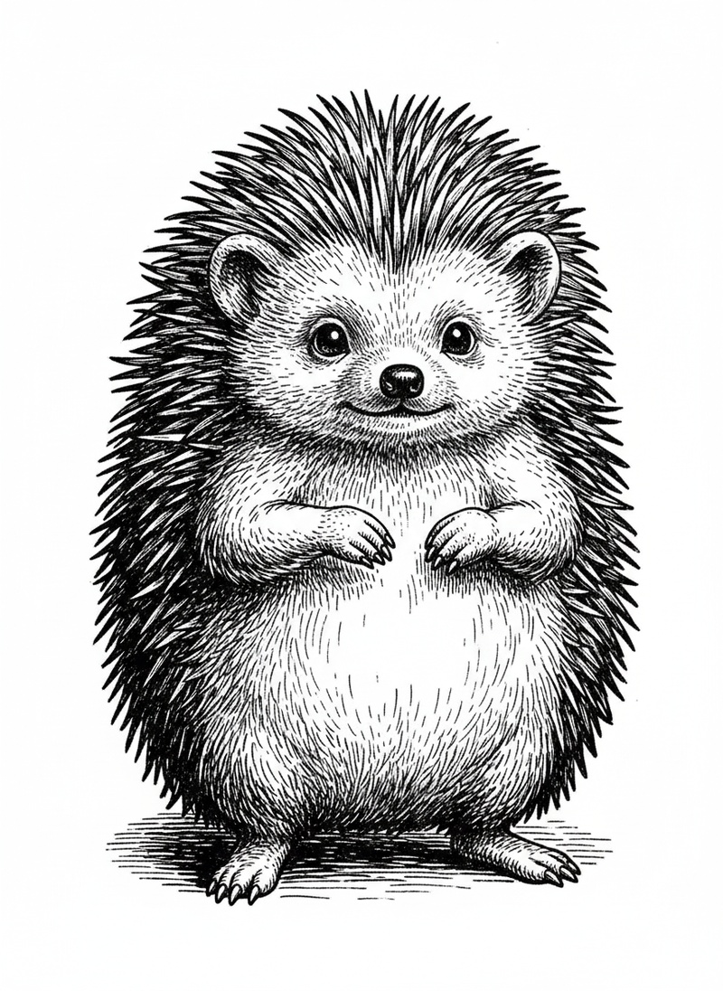 Buttons the Hedgehog in Victorian Illustration - Black & White Illustration