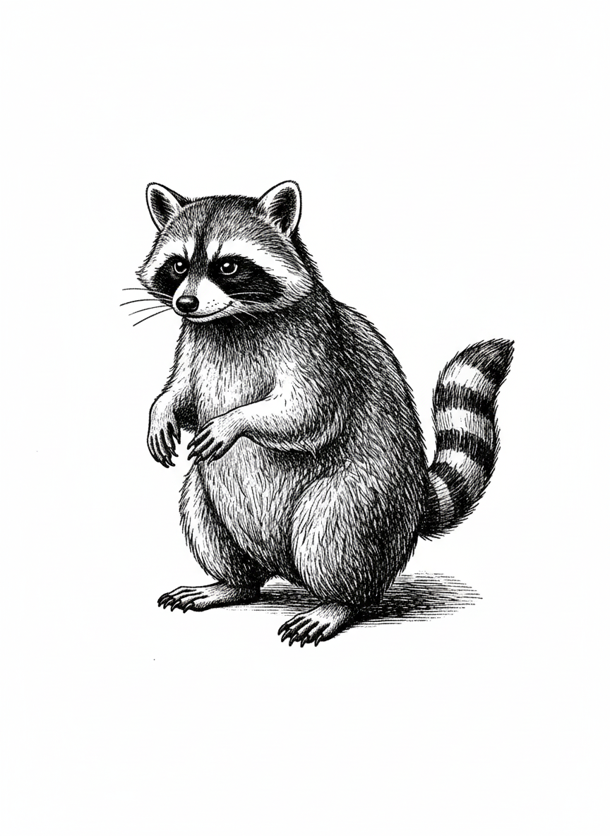 Bandit the Pet Raccoon - Black & White Illustration