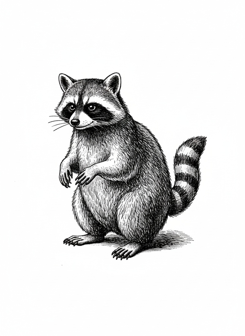 Bandit the Pet Raccoon in Victorian Illustration - Black & White Illustration