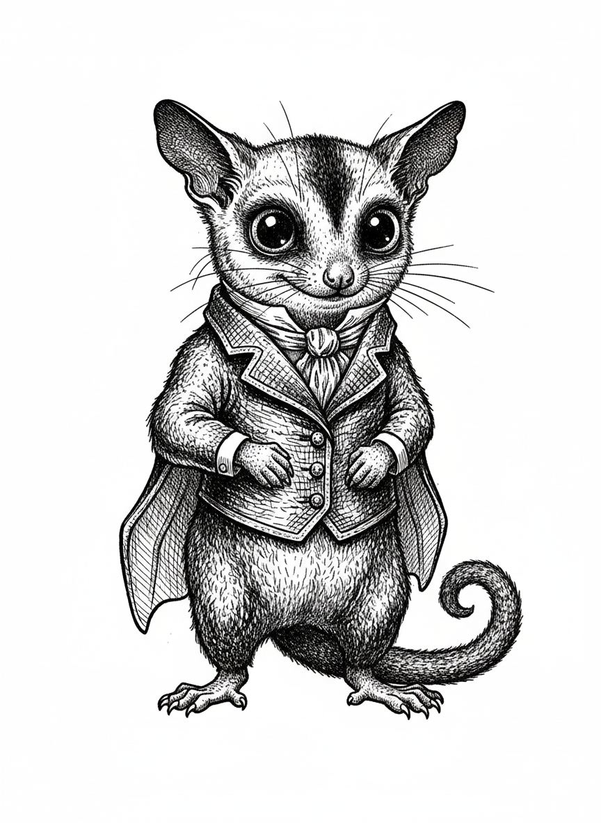 Sugar the Sugar Glider - Black & White Illustration