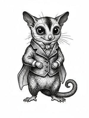 Sugar the Sugar Glider in Victorian Illustration - Black & White Illustration