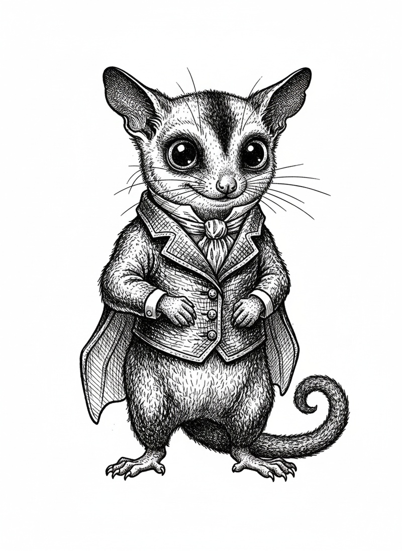 Sugar the Sugar Glider in Victorian Illustration - Black & White Illustration