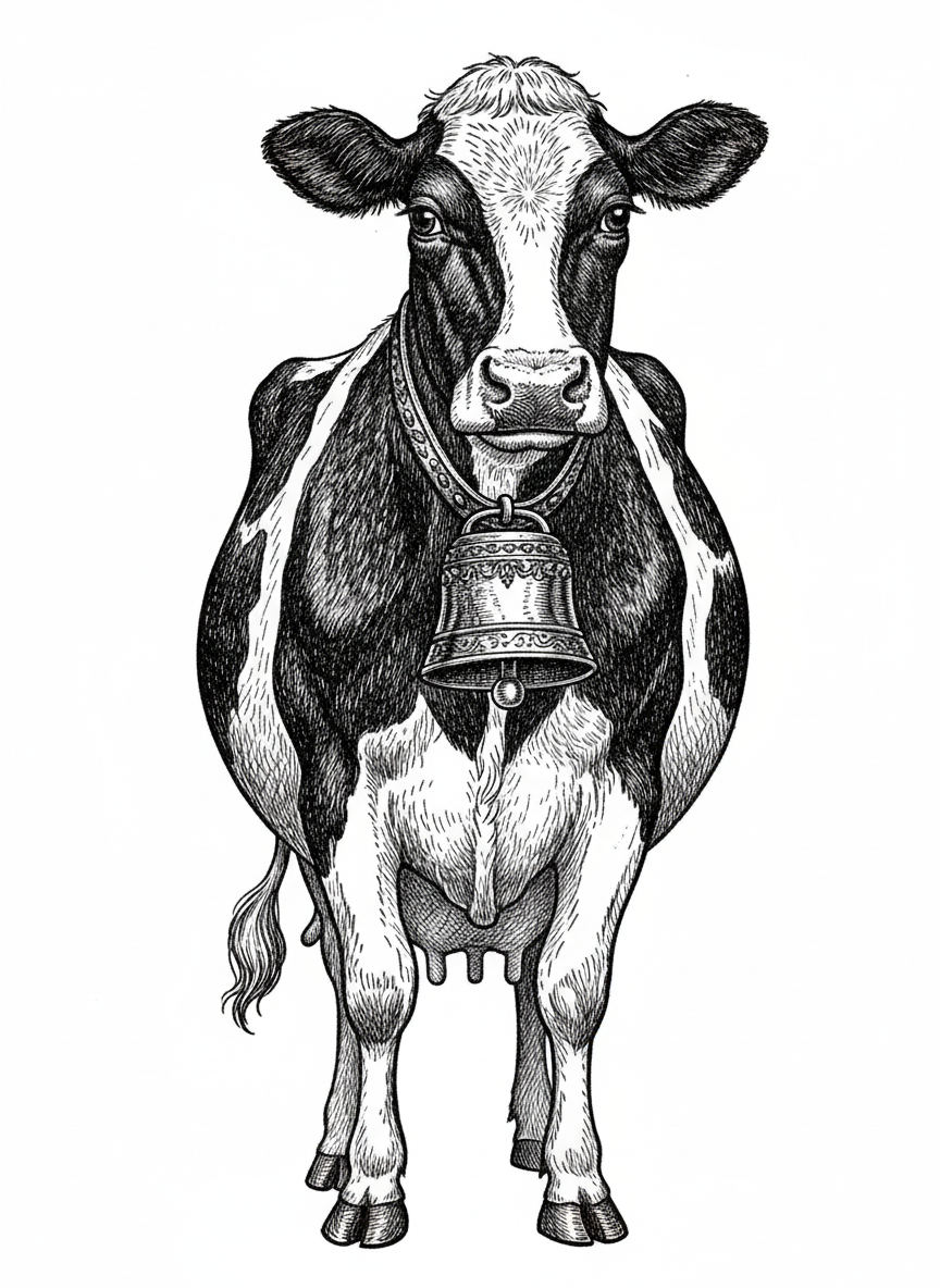 Bessie the Gentle Dairy Cow - Black & White Illustration