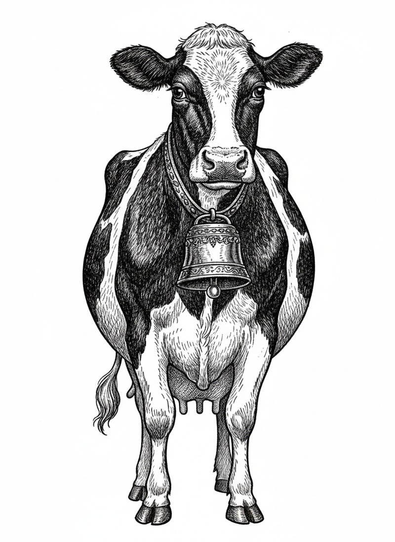 Bessie the Gentle Dairy Cow in Victorian Illustration - Black & White Illustration