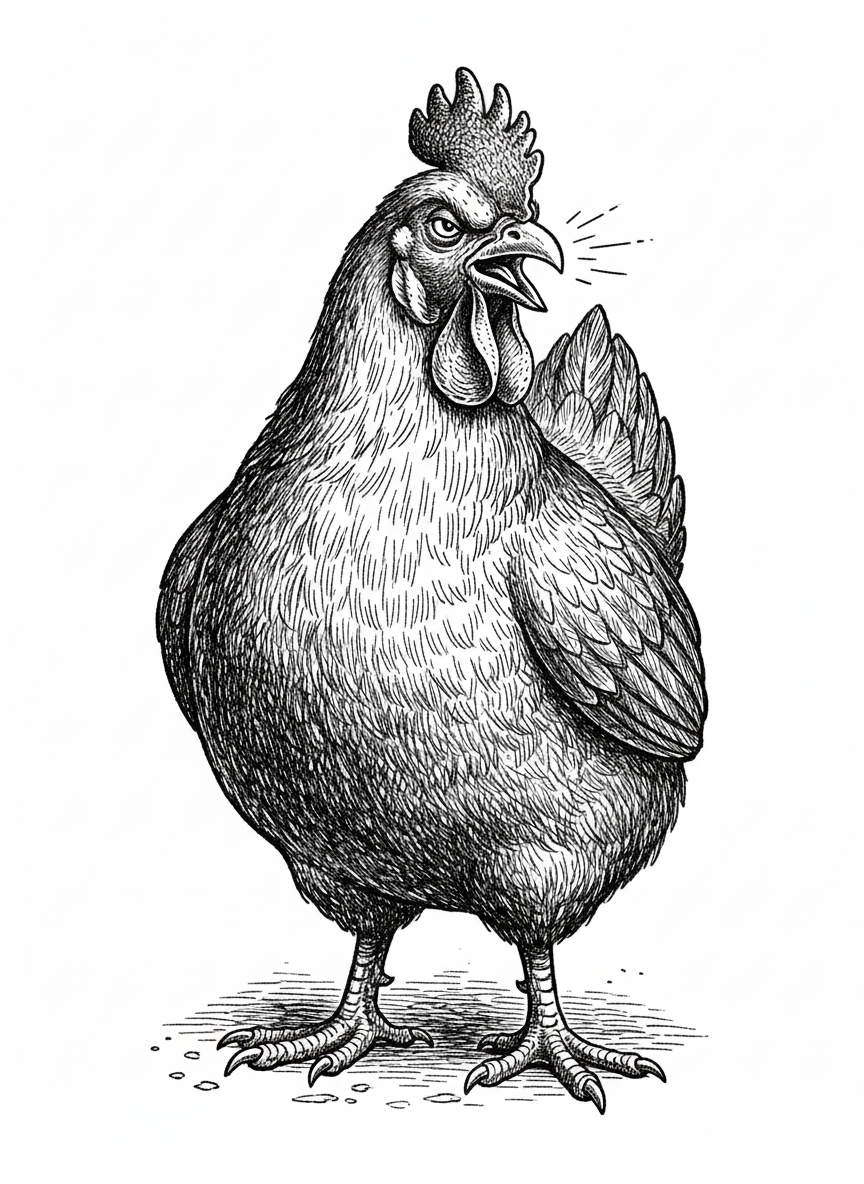 Cluck the Bossy Hen - Black & White Illustration