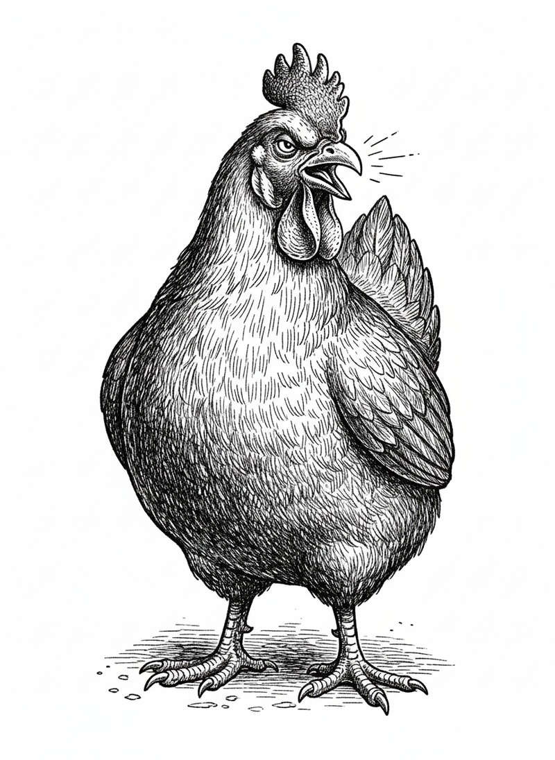 Cluck the Bossy Hen in Victorian Illustration - Black & White Illustration