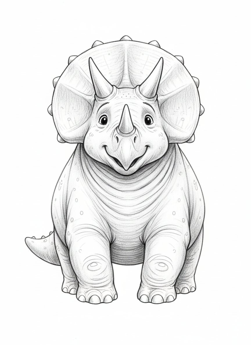 Trixie the Triceratops - Black & White Illustration