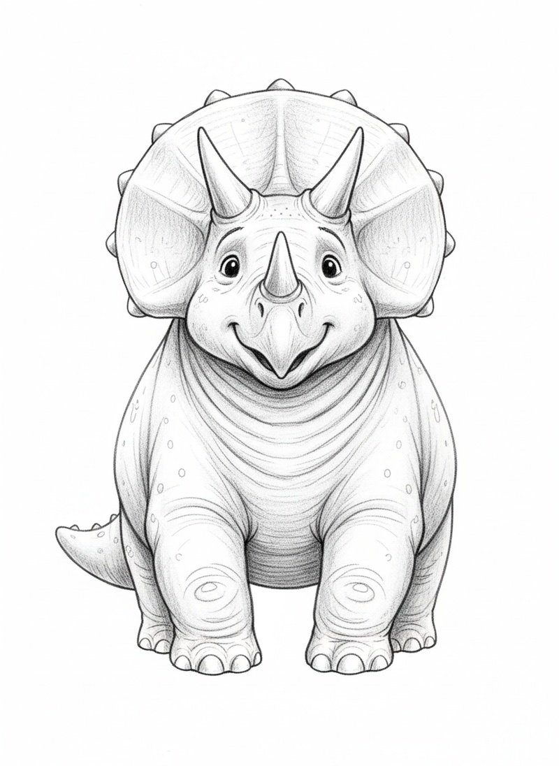 Trixie the Triceratops in Gentle Pencil - Black & White Illustration