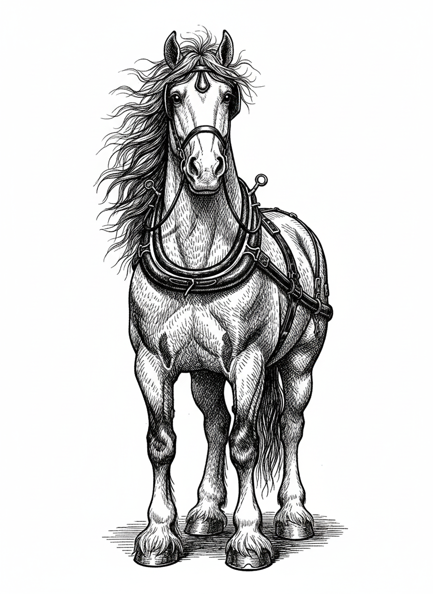Thunder the Strong Work Horse - Black & White Illustration
